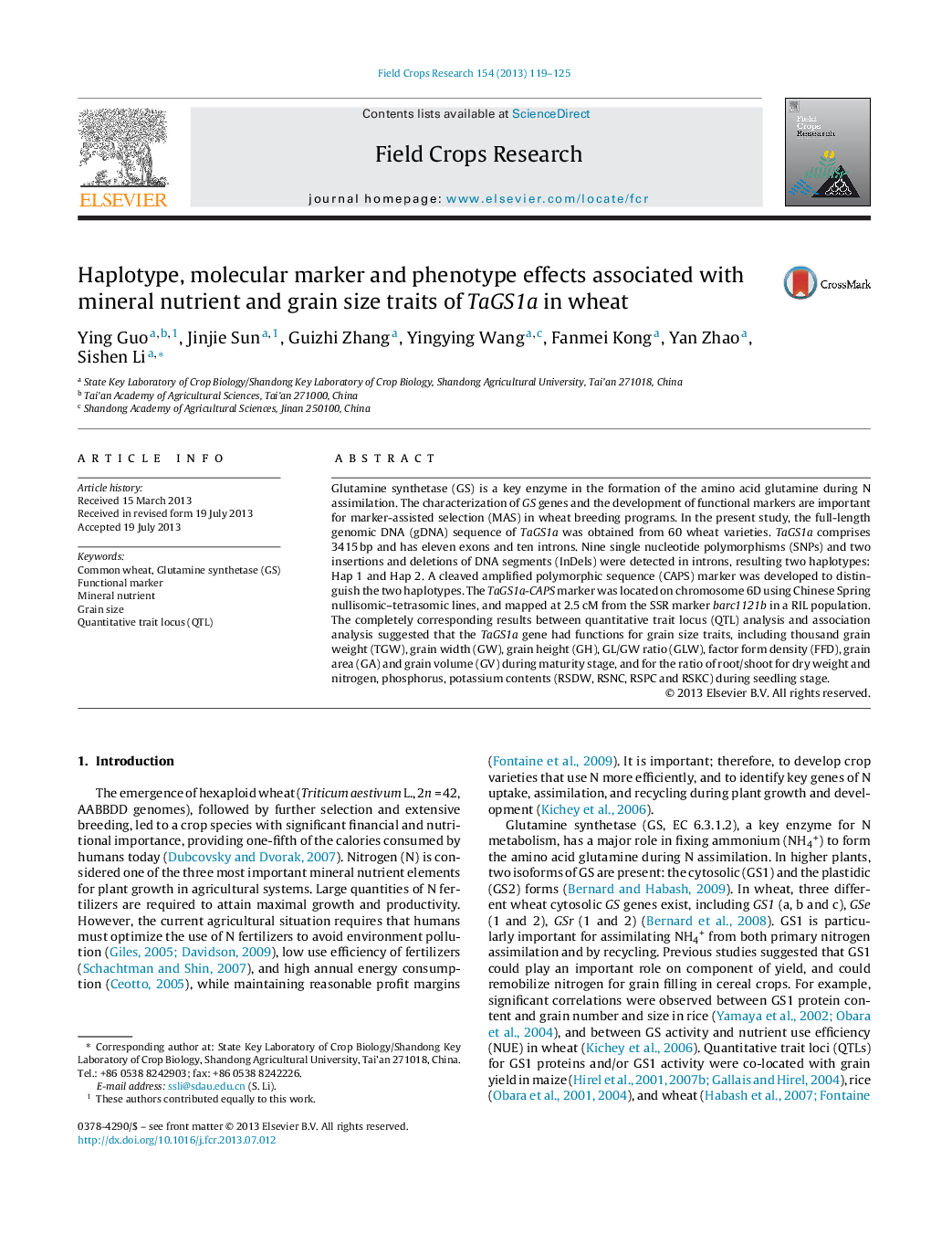 Haplotype, molecular marker and phenotype effects associated with mineral nutrient and grain size traits of TaGS1a in wheat