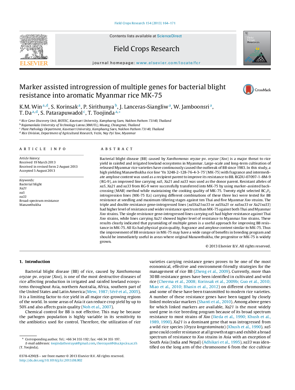 Marker assisted introgression of multiple genes for bacterial blight resistance into aromatic Myanmar rice MK-75