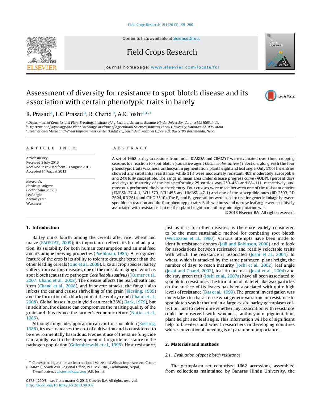 Assessment of diversity for resistance to spot blotch disease and its association with certain phenotypic traits in barely