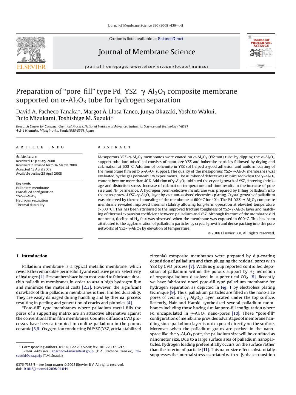 Preparation of “pore-fill” type Pd–YSZ–γ-Al2O3 composite membrane supported on α-Al2O3 tube for hydrogen separation