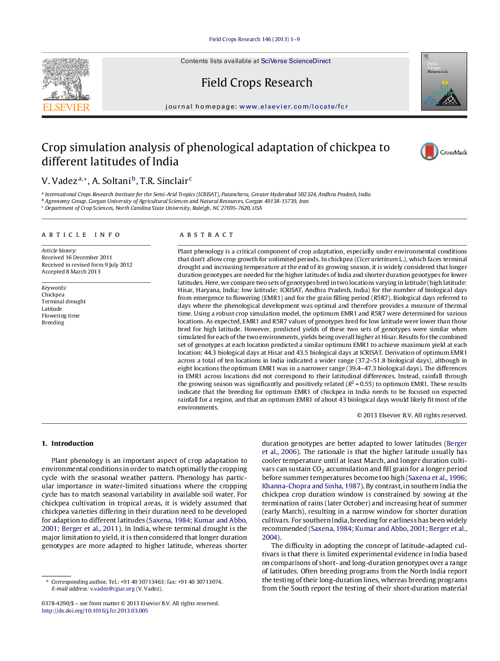 Crop simulation analysis of phenological adaptation of chickpea to different latitudes of India