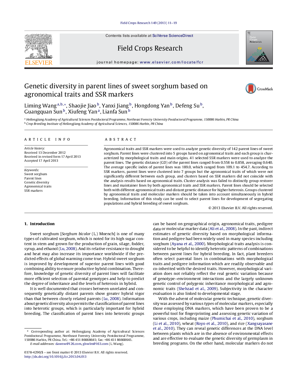 Genetic diversity in parent lines of sweet sorghum based on agronomical traits and SSR markers