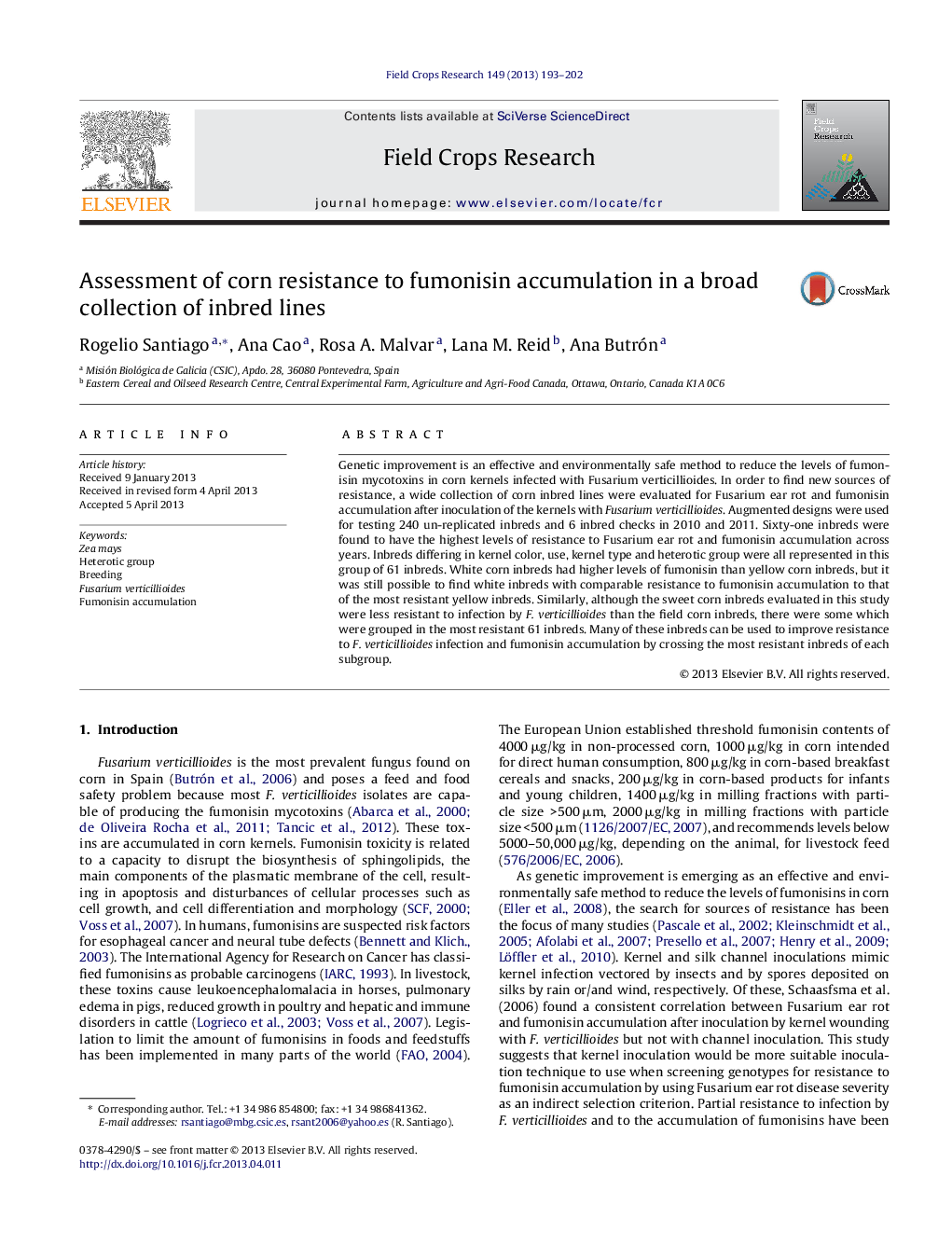 Assessment of corn resistance to fumonisin accumulation in a broad collection of inbred lines