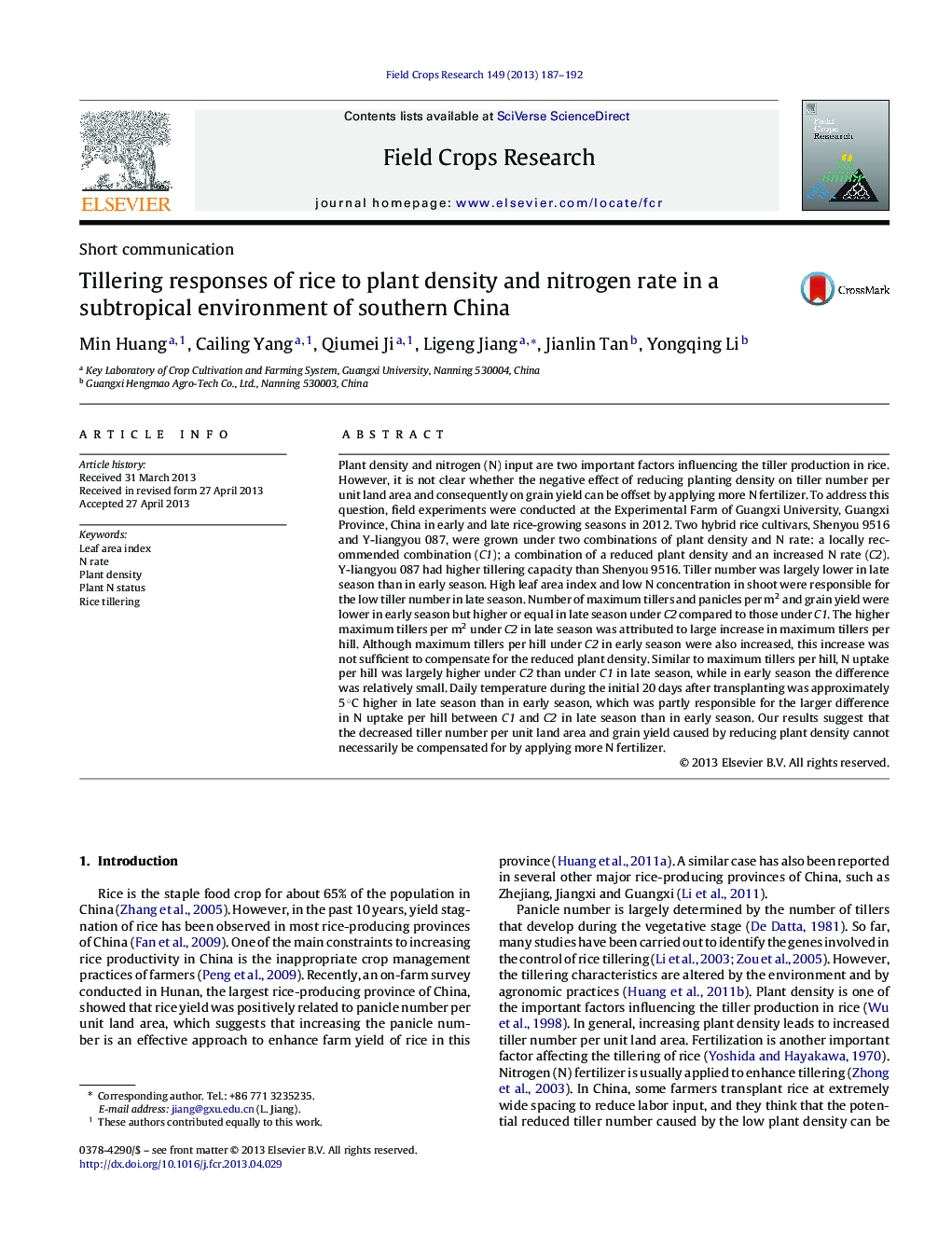 Tillering responses of rice to plant density and nitrogen rate in a subtropical environment of southern China