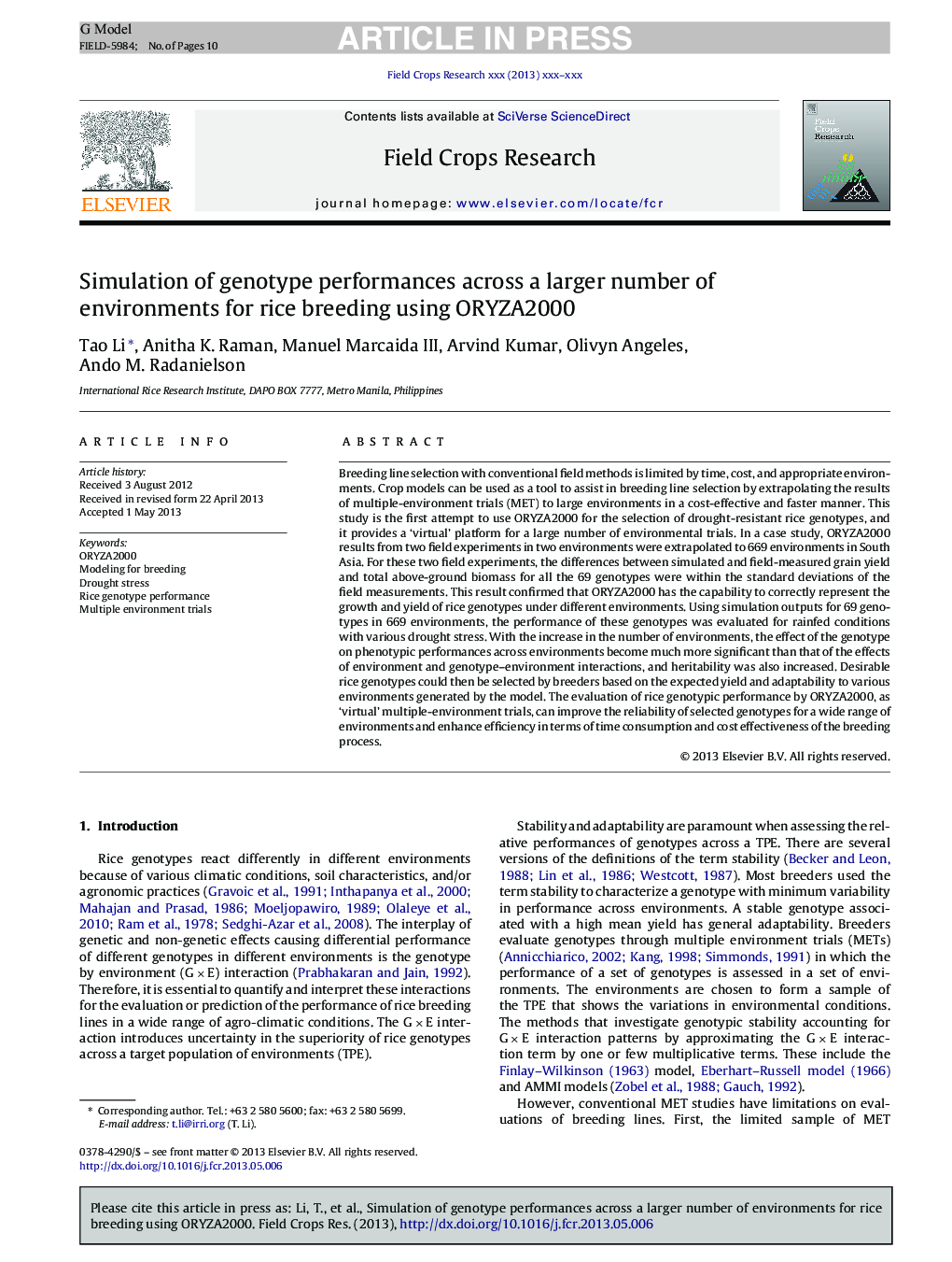 Simulation of genotype performances across a larger number of environments for rice breeding using ORYZA2000