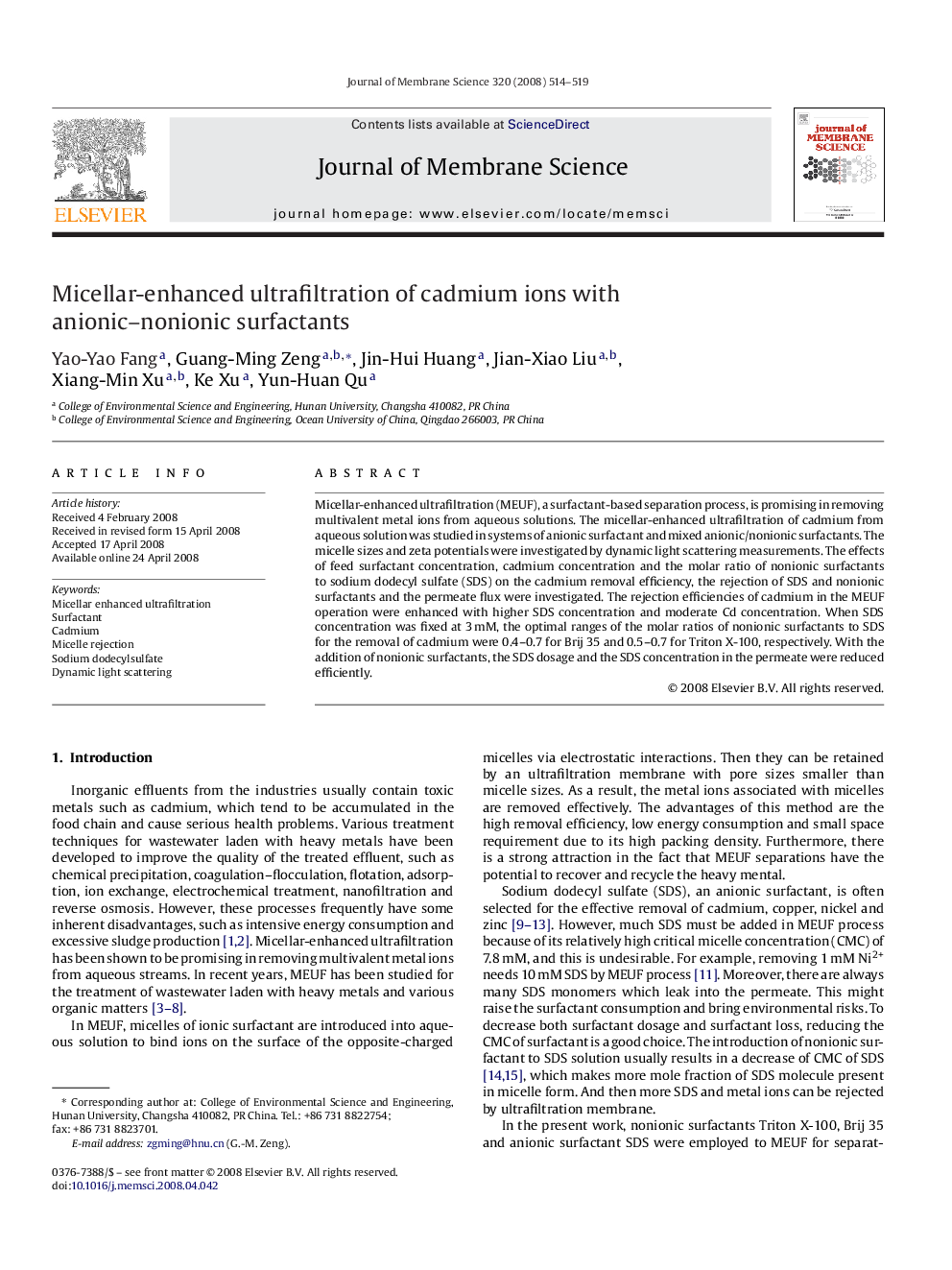 Micellar-enhanced ultrafiltration of cadmium ions with anionic–nonionic surfactants