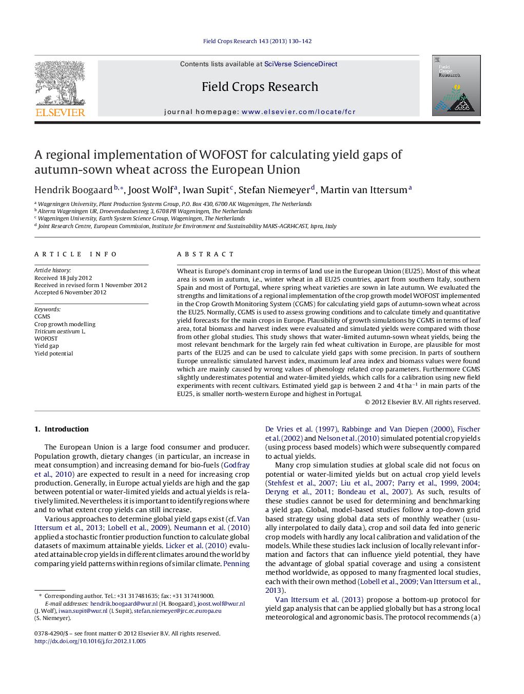 A regional implementation of WOFOST for calculating yield gaps of autumn-sown wheat across the European Union