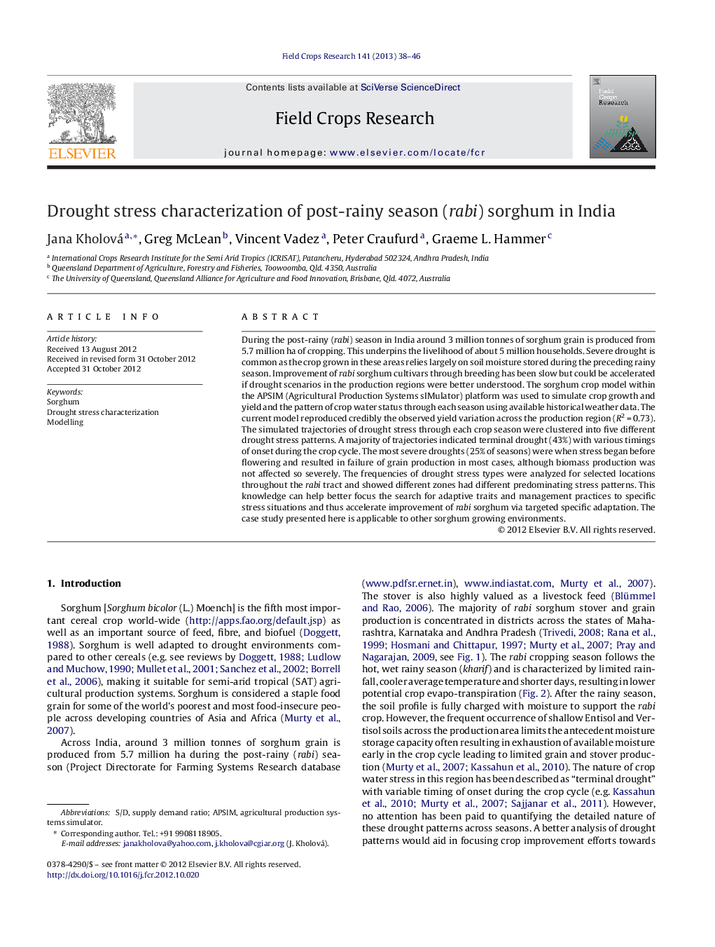 Drought stress characterization of post-rainy season (rabi) sorghum in India