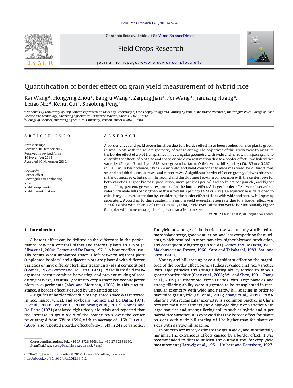 Quantification of border effect on grain yield measurement of hybrid rice