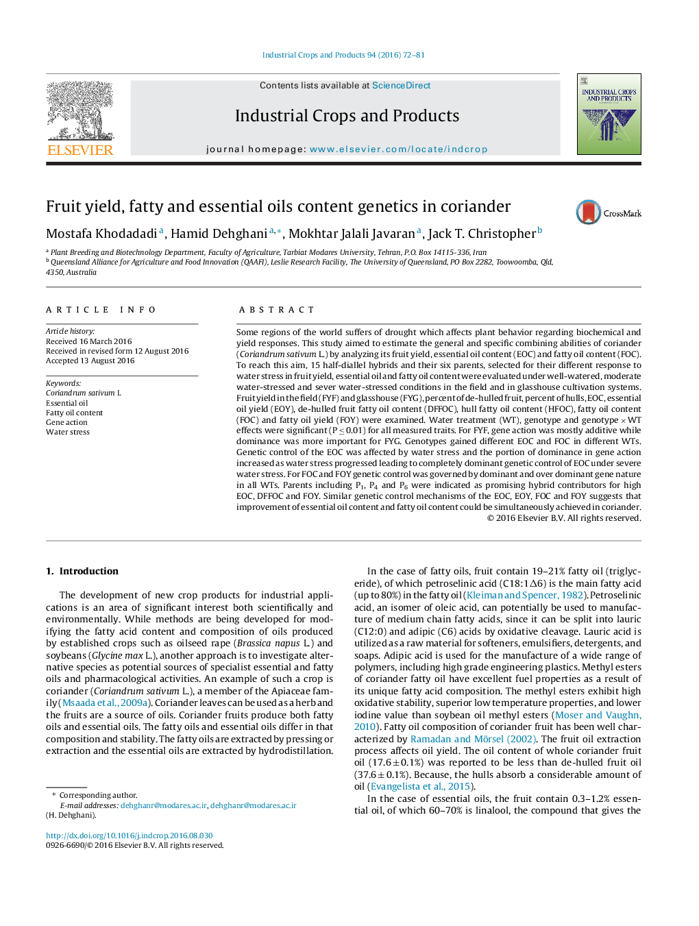 Fruit yield, fatty and essential oils content genetics in coriander