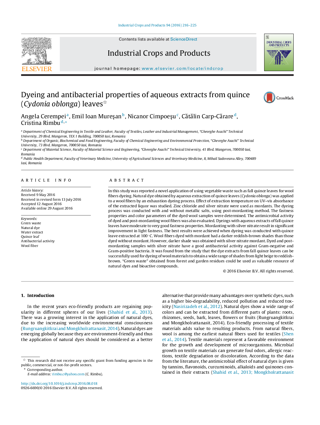 Dyeing and antibacterial properties of aqueous extracts from quince (Cydonia oblonga) leaves