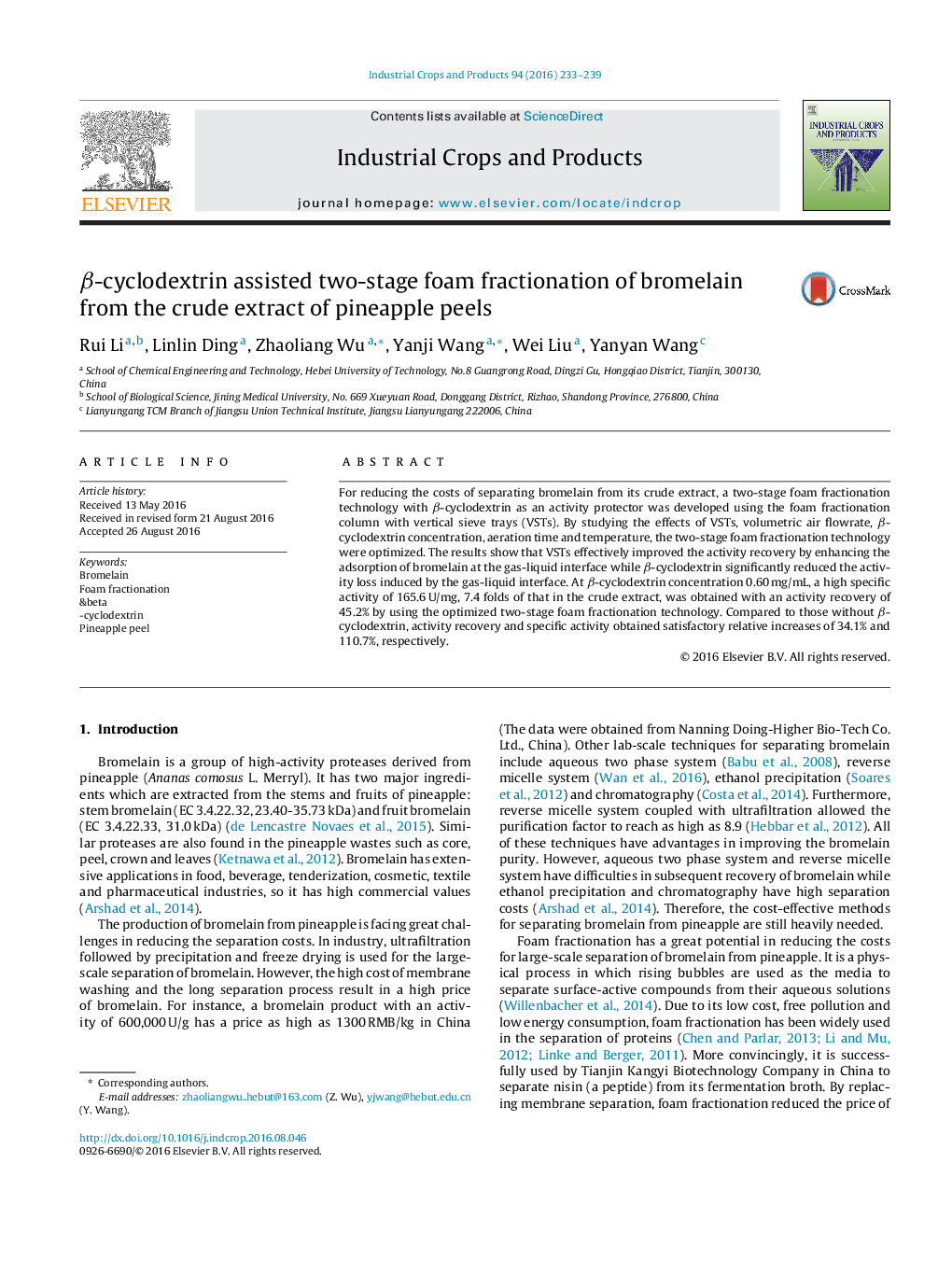 Î²-cyclodextrin assisted two-stage foam fractionation of bromelain from the crude extract of pineapple peels