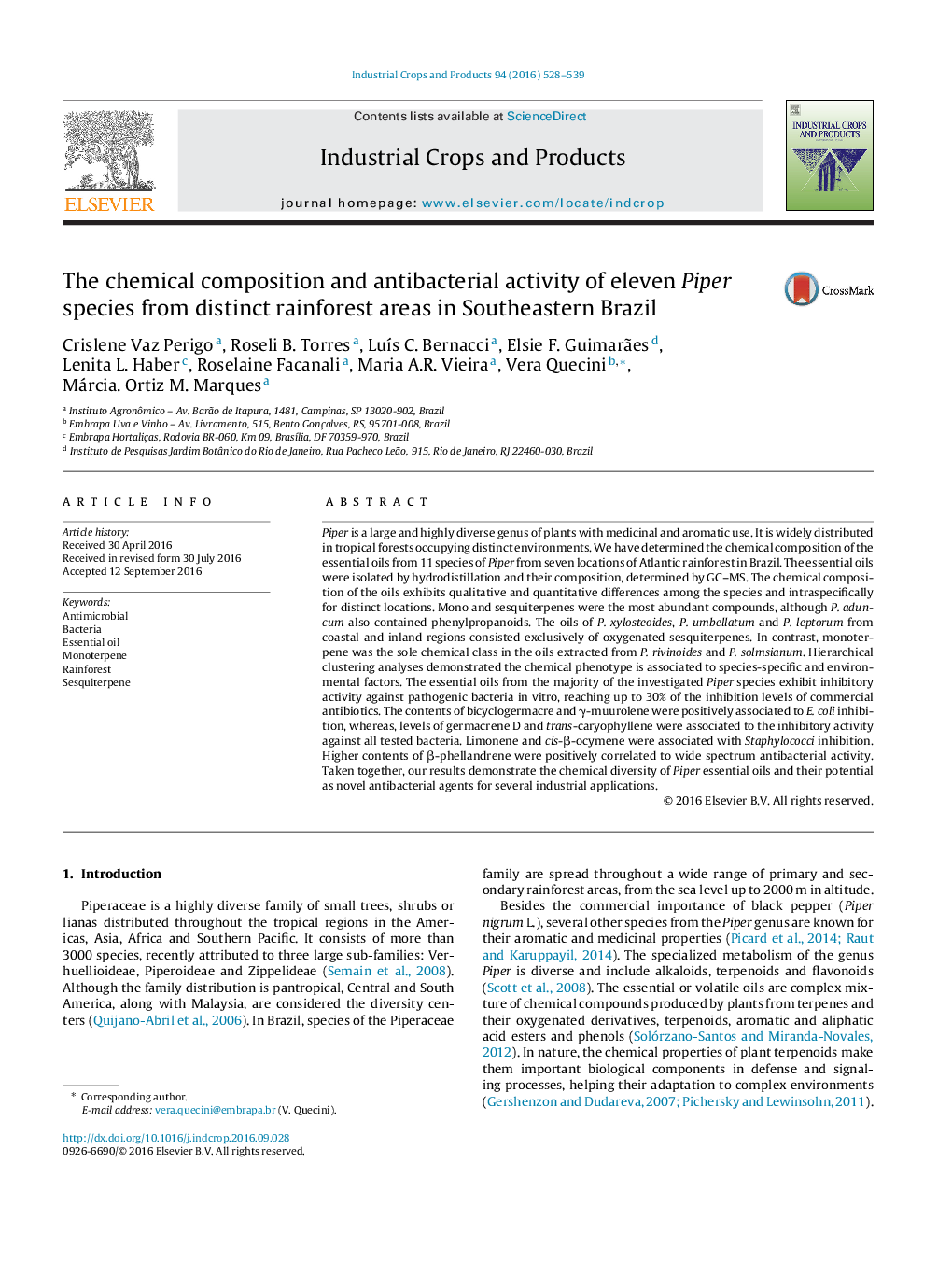 The chemical composition and antibacterial activity of eleven Piper species from distinct rainforest areas in Southeastern Brazil