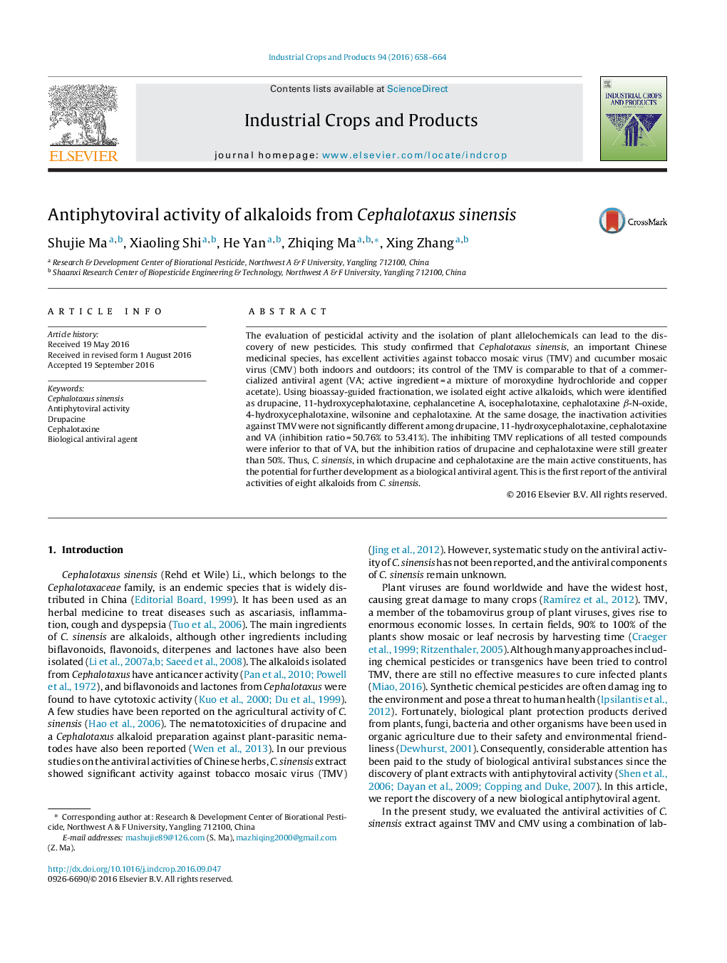 Antiphytoviral activity of alkaloids from Cephalotaxus sinensis