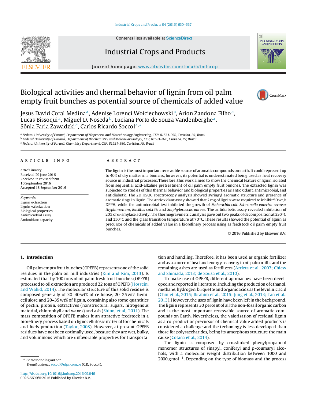 Biological activities and thermal behavior of lignin from oil palm empty fruit bunches as potential source of chemicals of added value