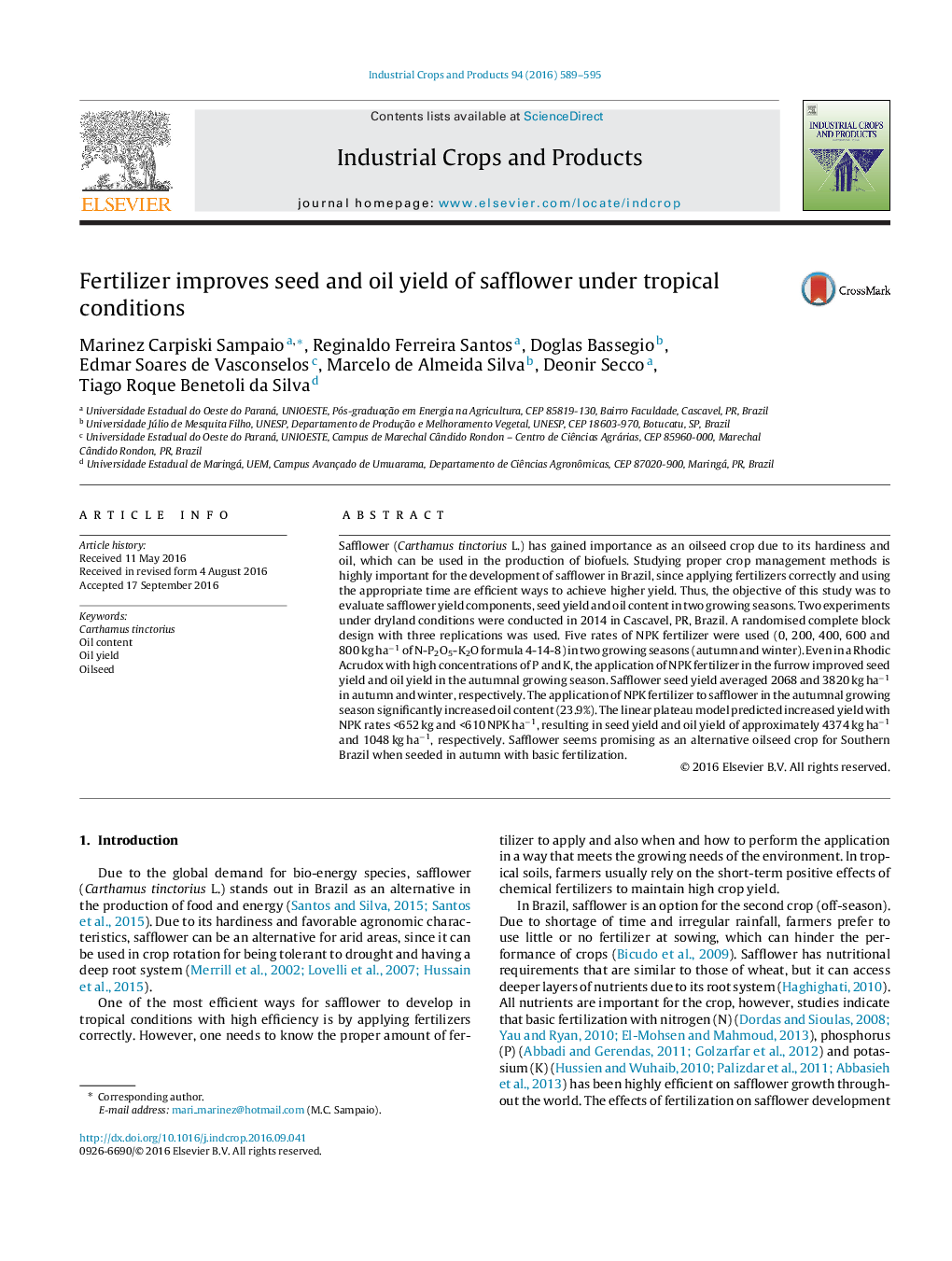 Fertilizer improves seed and oil yield of safflower under tropical conditions