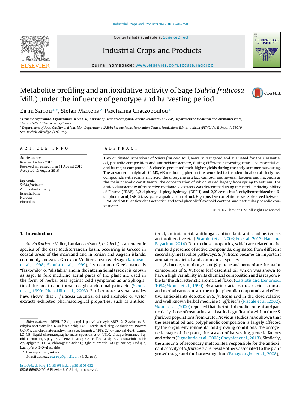 Metabolite profiling and antioxidative activity of Sage (Salvia fruticosa Mill.) under the influence of genotype and harvesting period