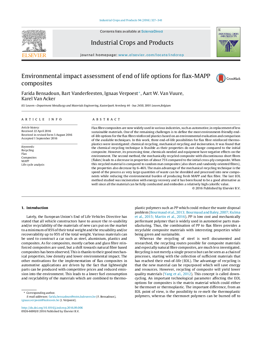 Environmental impact assessment of end of life options for flax-MAPP composites