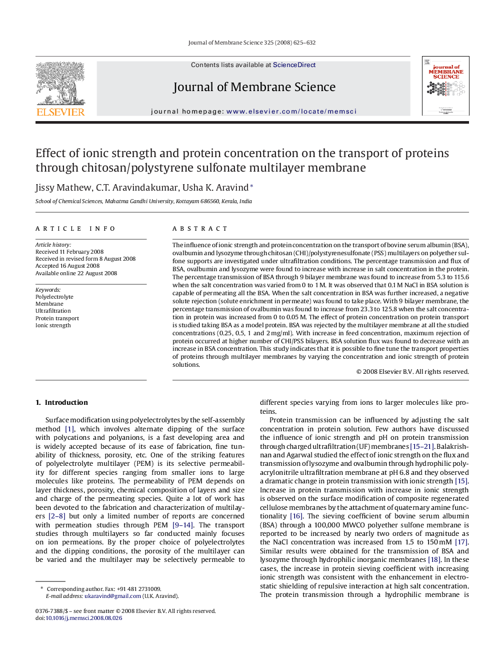 Effect of ionic strength and protein concentration on the transport of proteins through chitosan/polystyrene sulfonate multilayer membrane