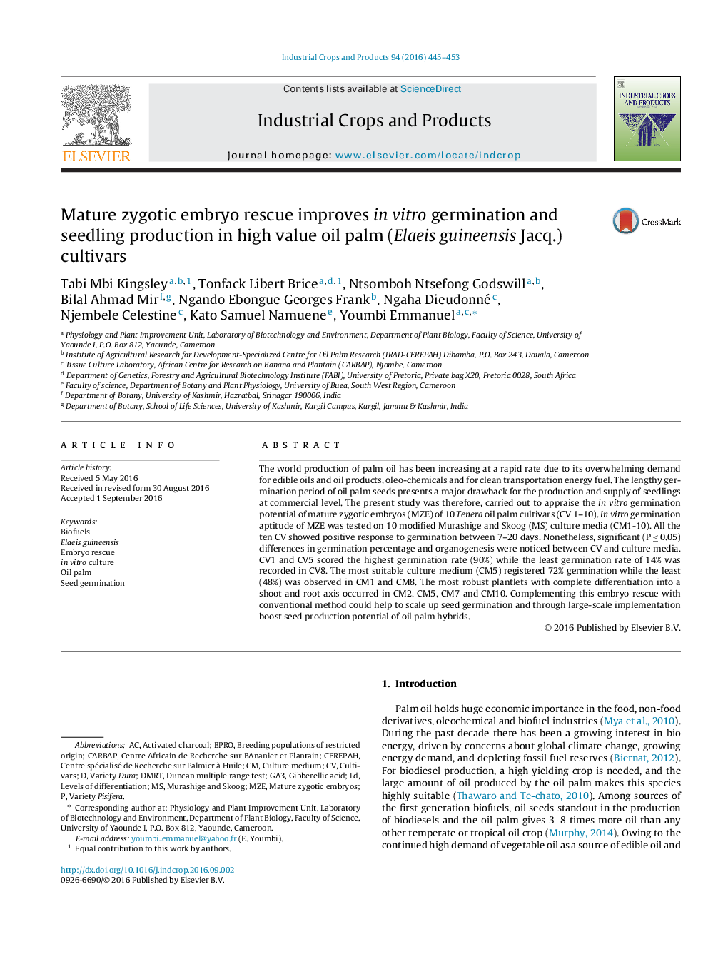 Mature zygotic embryo rescue improves in vitro germination and seedling production in high value oil palm (Elaeis guineensis Jacq.) cultivars