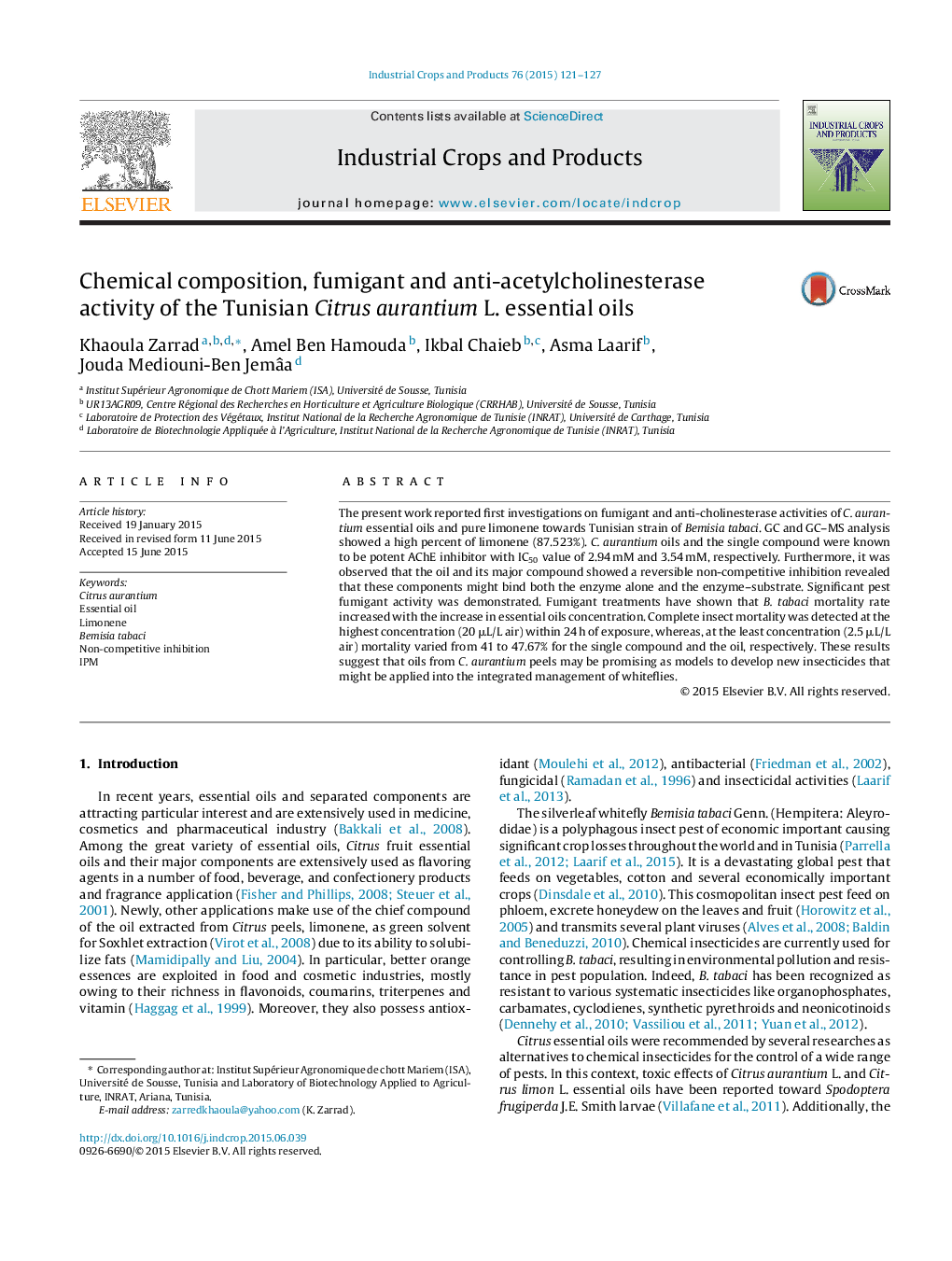 Chemical composition, fumigant and anti-acetylcholinesterase activity of the Tunisian Citrus aurantium L. essential oils