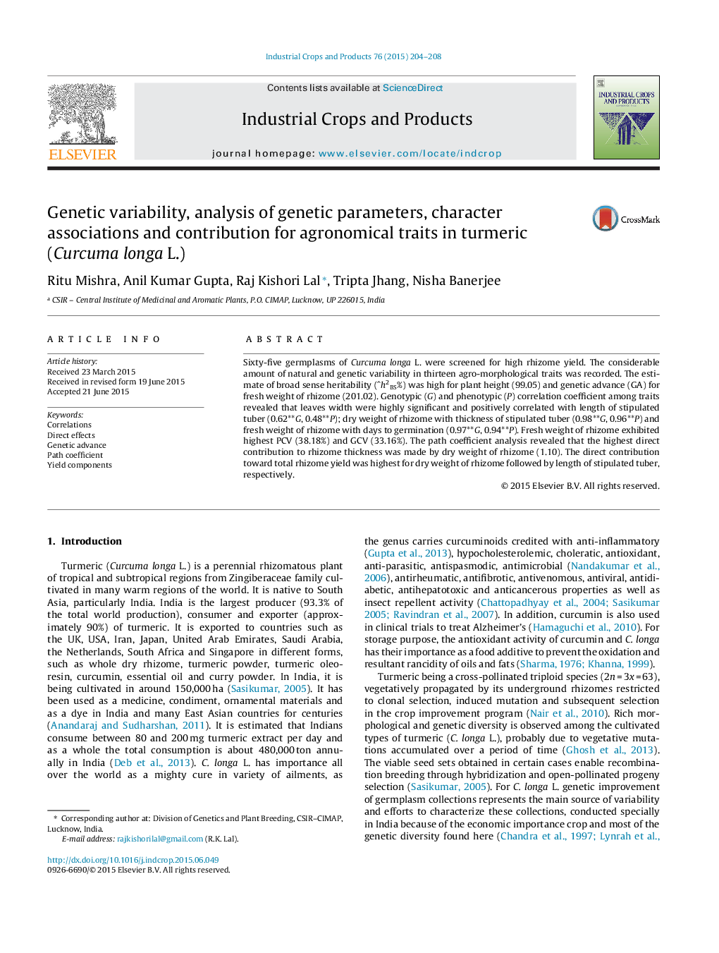 Genetic variability, analysis of genetic parameters, character associations and contribution for agronomical traits in turmeric (Curcuma longa L.)