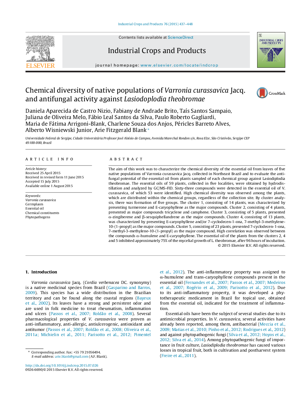 Chemical diversity of native populations of Varronia curassavica Jacq. and antifungal activity against Lasiodoplodia theobromae