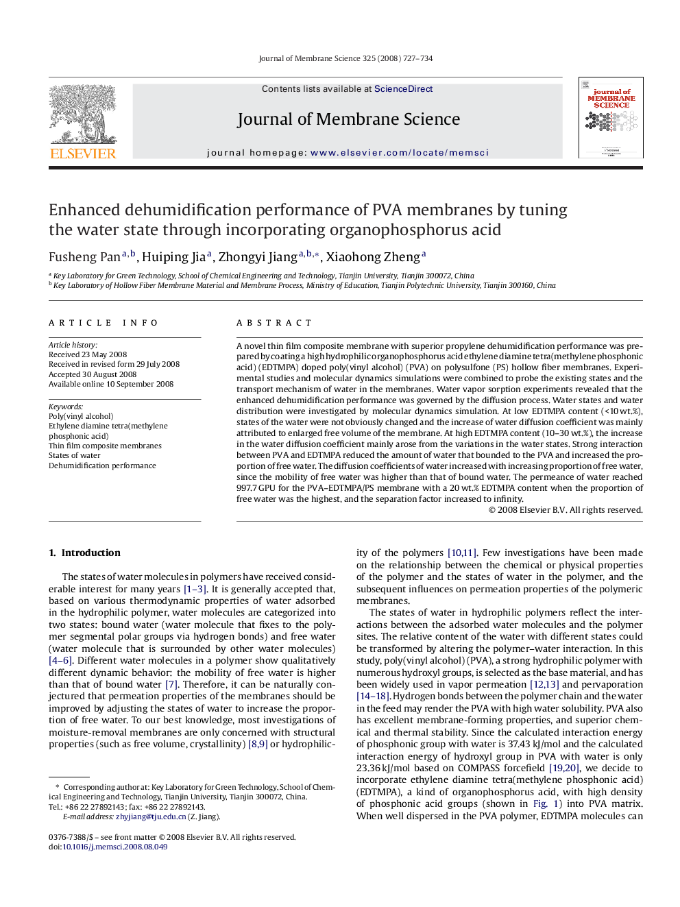 Enhanced dehumidification performance of PVA membranes by tuning the water state through incorporating organophosphorus acid