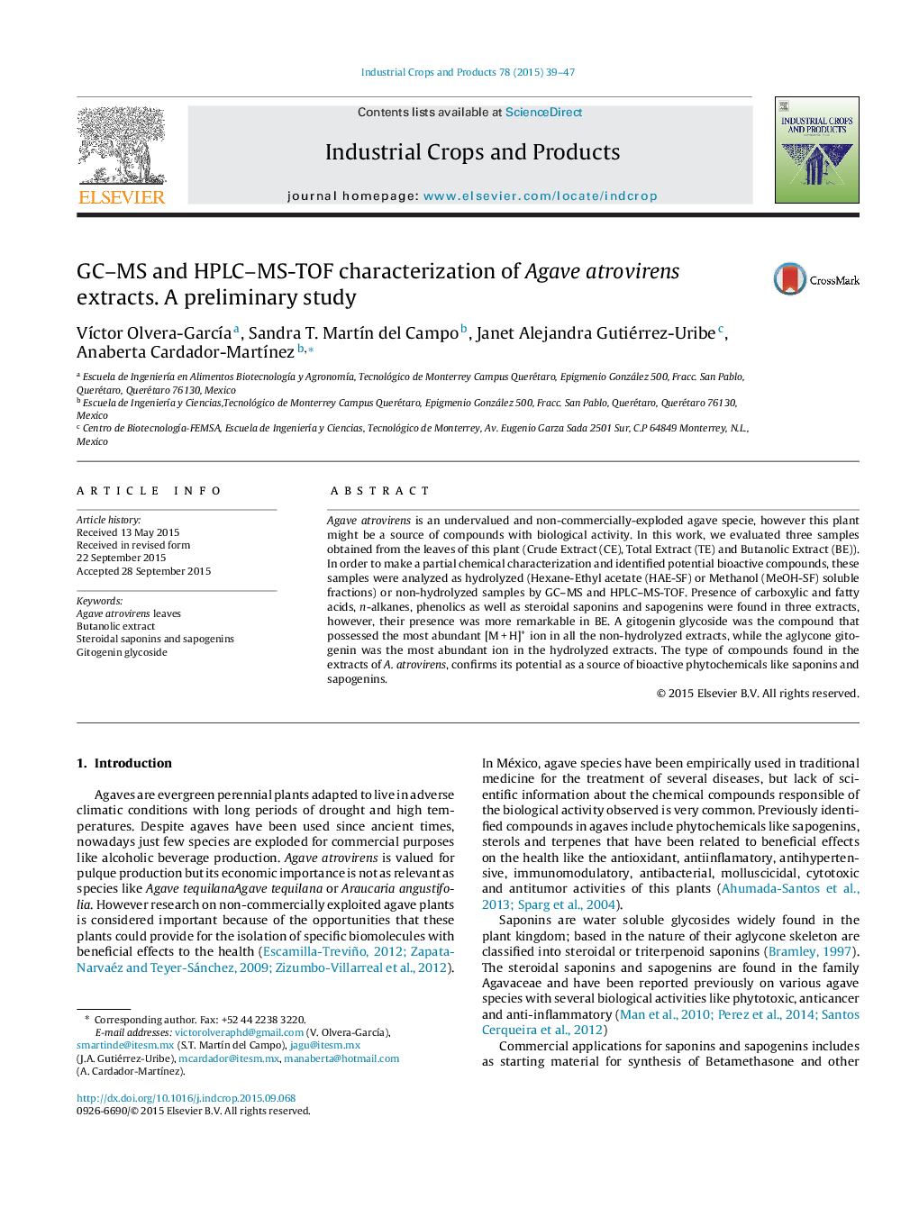 GC-MS and HPLC-MS-TOF characterization of Agave atrovirens extracts. A preliminary study