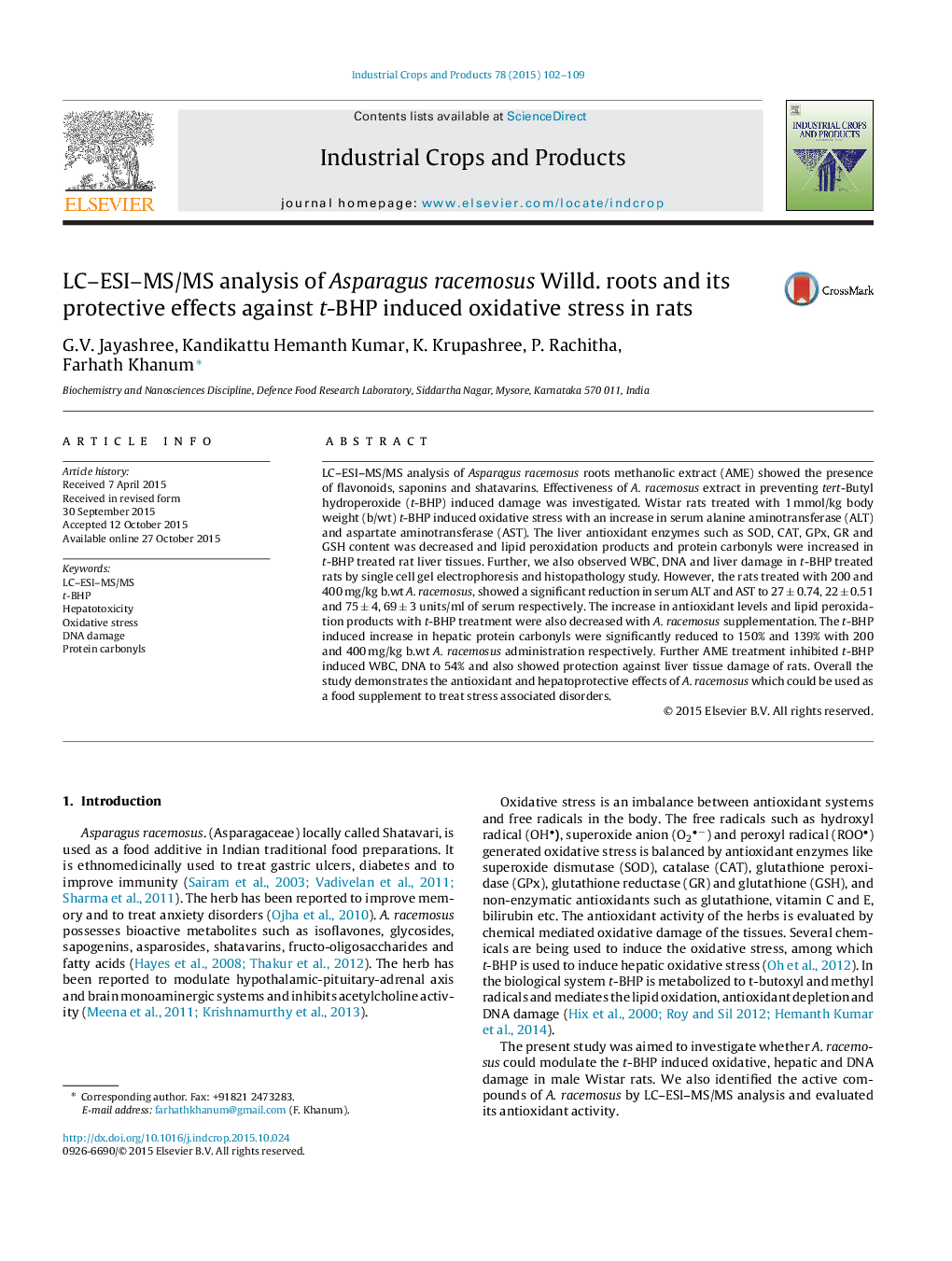 LC-ESI-MS/MS analysis of Asparagus racemosus Willd. roots and its protective effects against t-BHP induced oxidative stress in rats