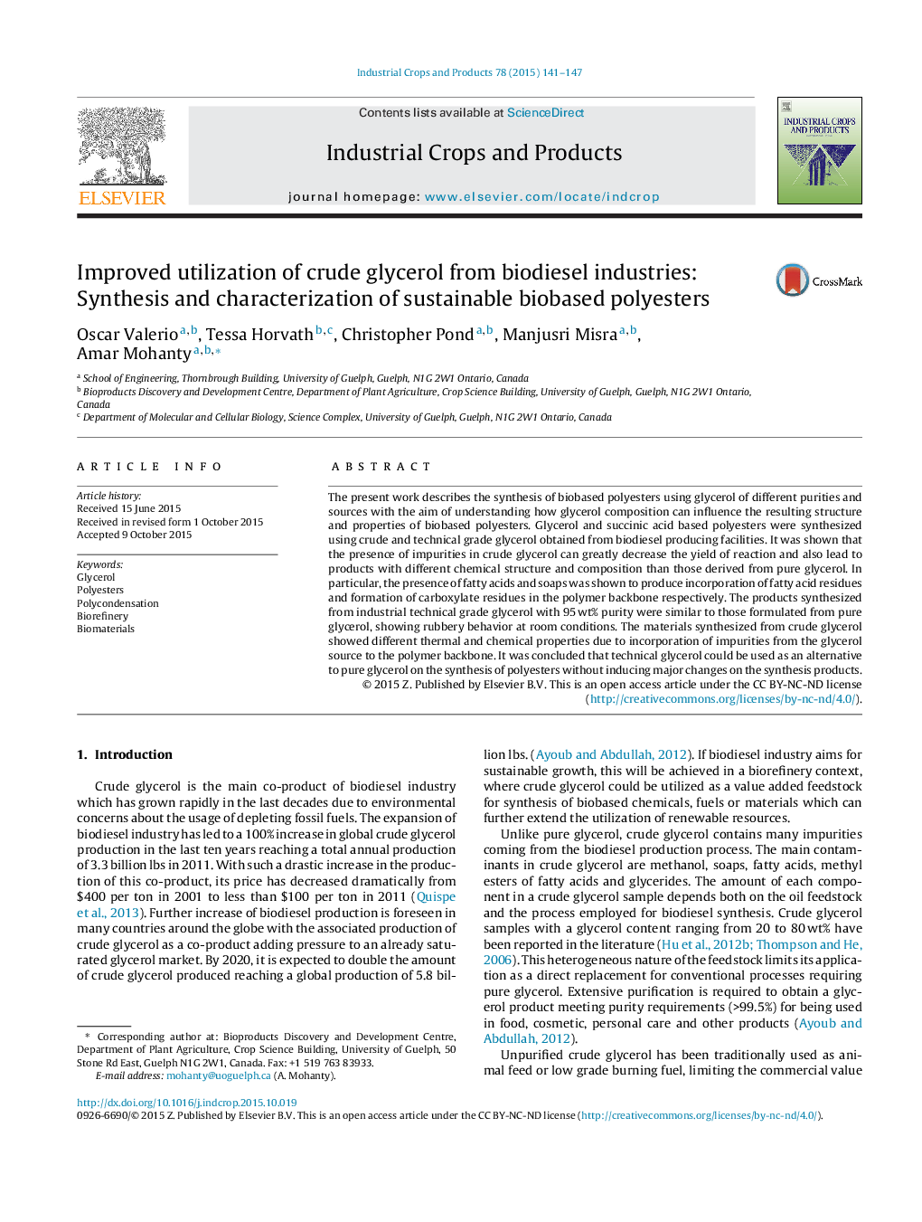 Improved utilization of crude glycerol from biodiesel industries: Synthesis and characterization of sustainable biobased polyesters