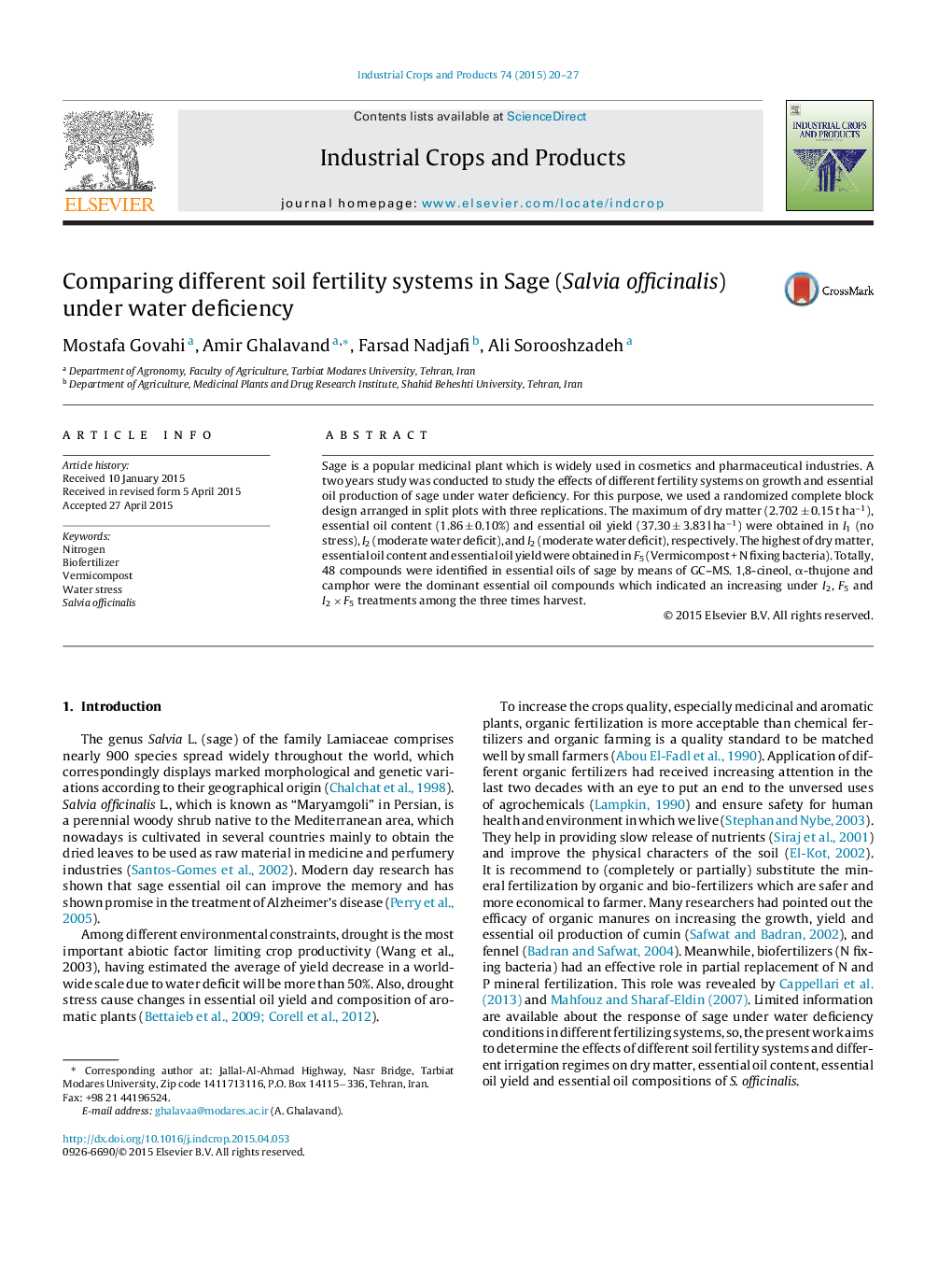 Comparing different soil fertility systems in Sage (Salvia officinalis) under water deficiency