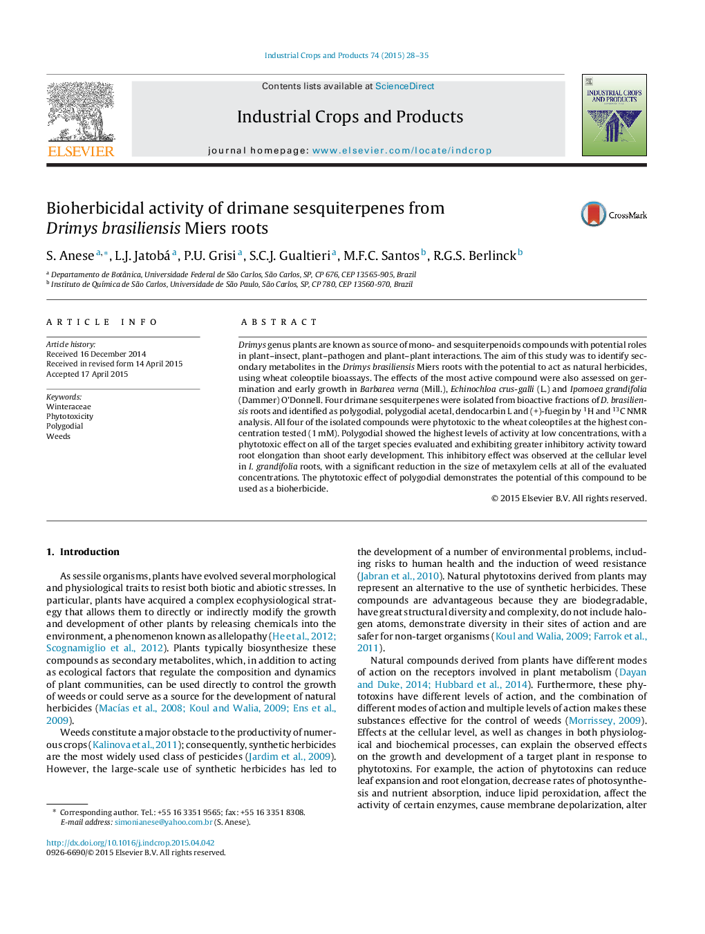 Bioherbicidal activity of drimane sesquiterpenes from Drimys brasiliensis Miers roots