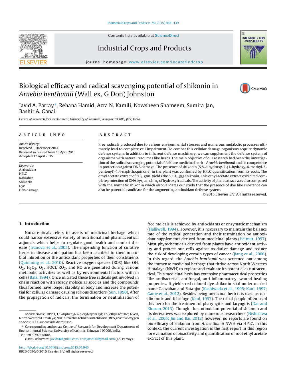 Biological efficacy and radical scavenging potential of shikonin in Arnebia benthamii (Wall ex. G Don) Johnston