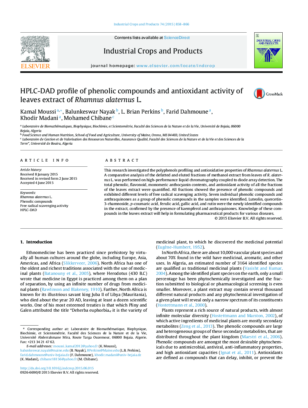 HPLC-DAD profile of phenolic compounds and antioxidant activity of leaves extract of Rhamnus alaternus L.