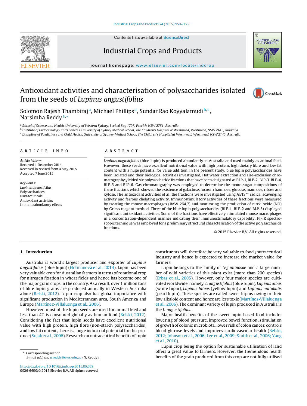 Antioxidant activities and characterisation of polysaccharides isolated from the seeds of Lupinus angustifolius