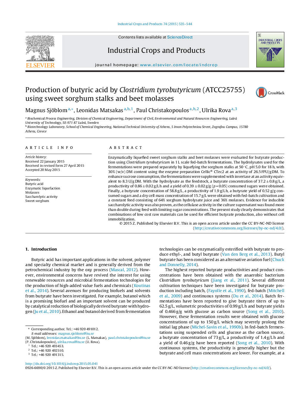 Production of butyric acid by Clostridium tyrobutyricum (ATCC25755) using sweet sorghum stalks and beet molasses