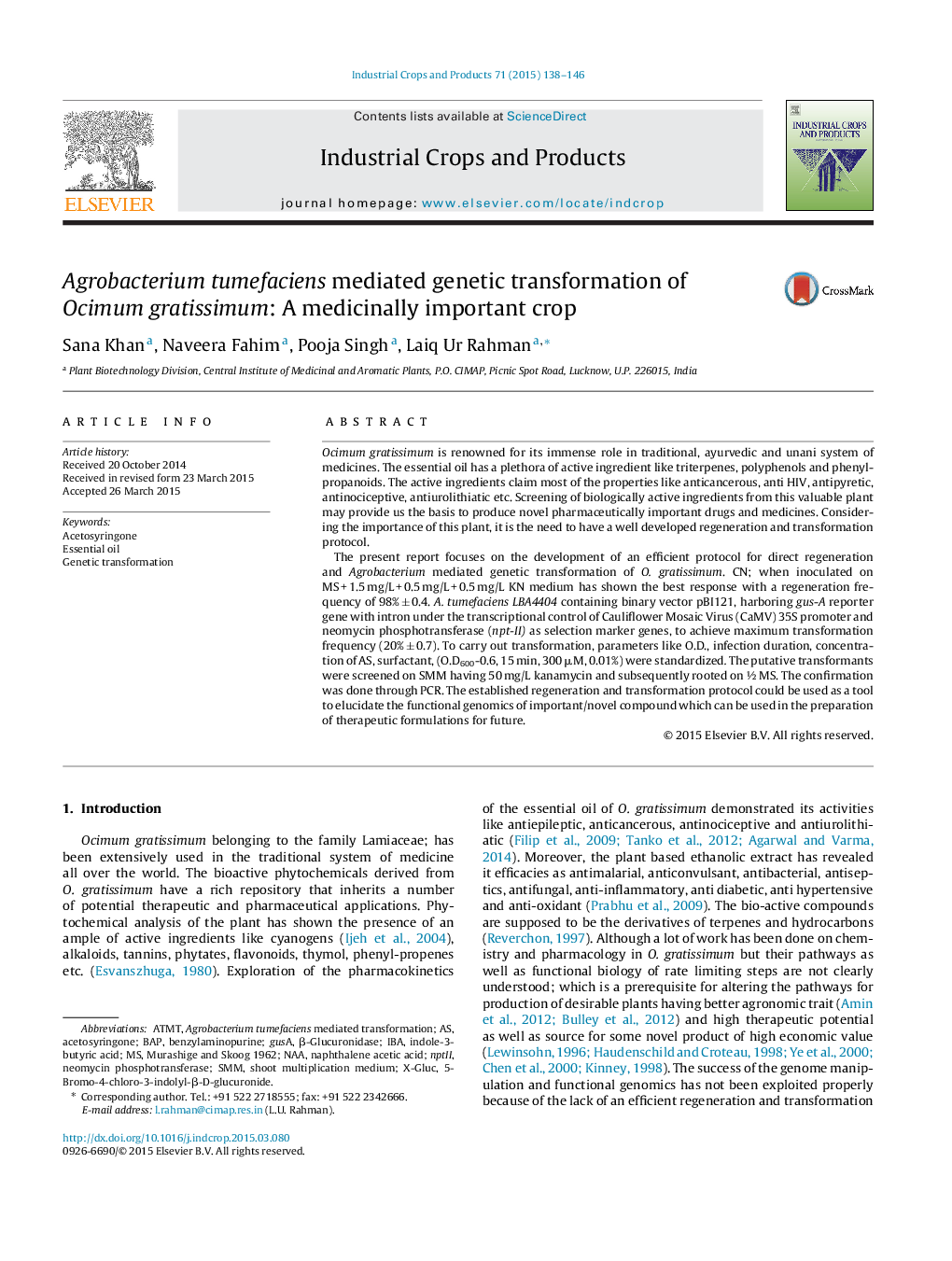 Agrobacterium tumefaciens mediated genetic transformation of Ocimum gratissimum: A medicinally important crop