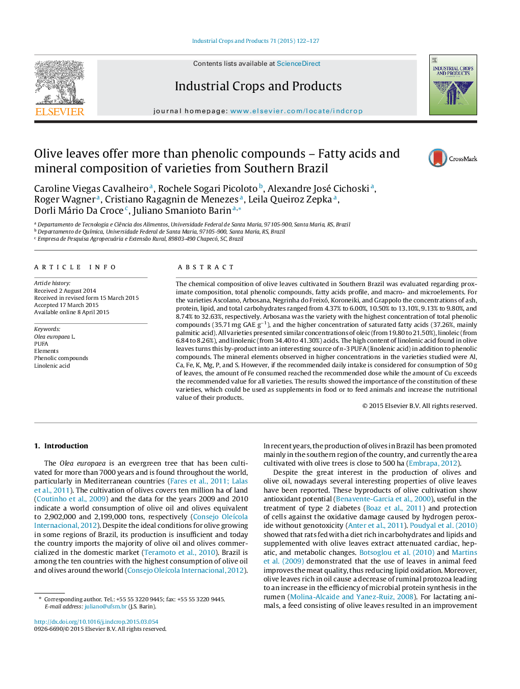 Olive leaves offer more than phenolic compounds - Fatty acids and mineral composition of varieties from Southern Brazil