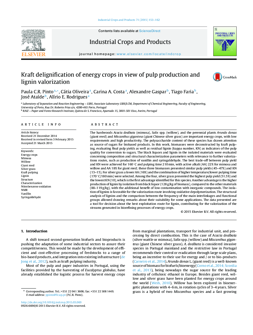 Kraft delignification of energy crops in view of pulp production and lignin valorization