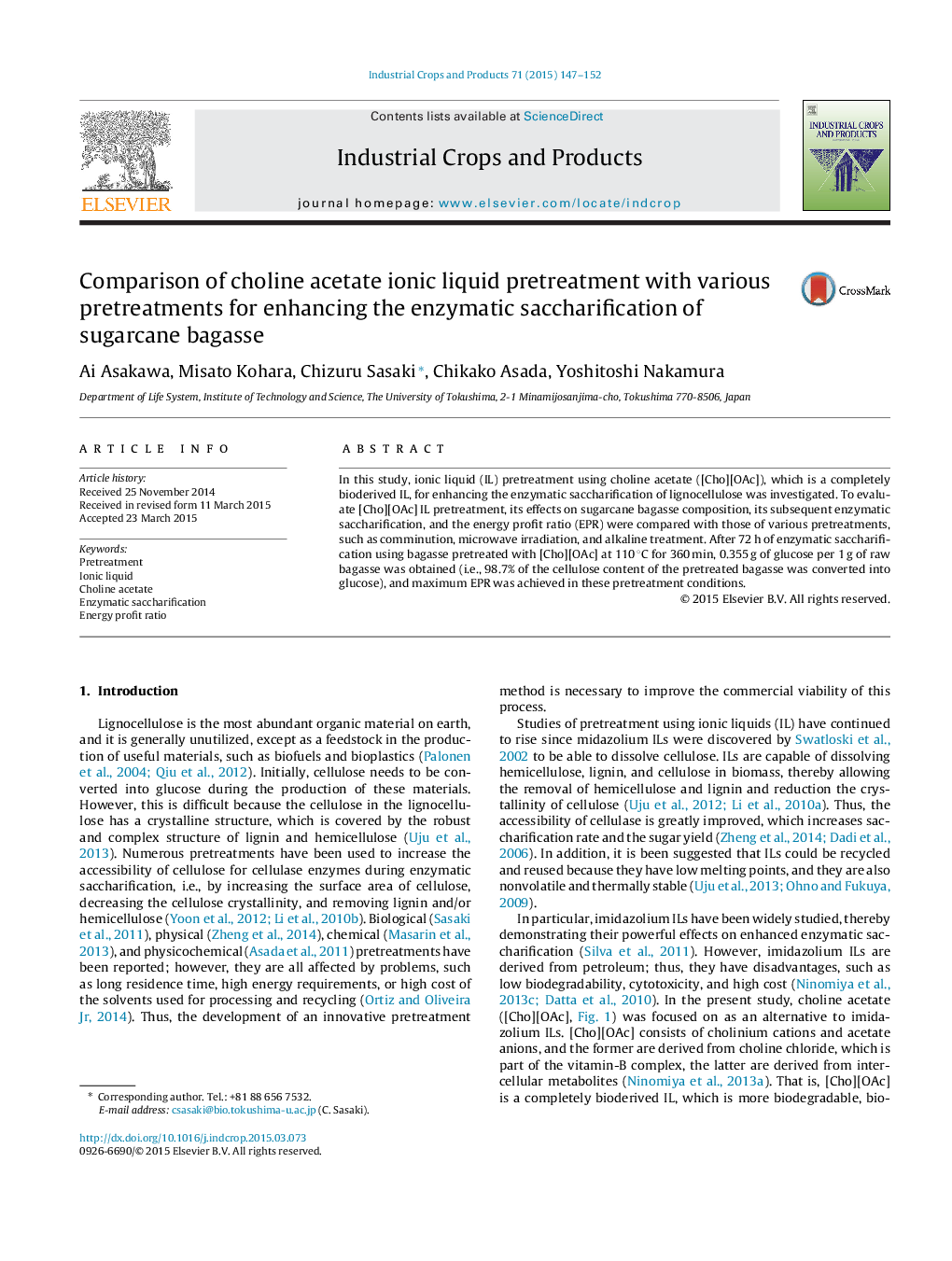 Comparison of choline acetate ionic liquid pretreatment with various pretreatments for enhancing the enzymatic saccharification of sugarcane bagasse