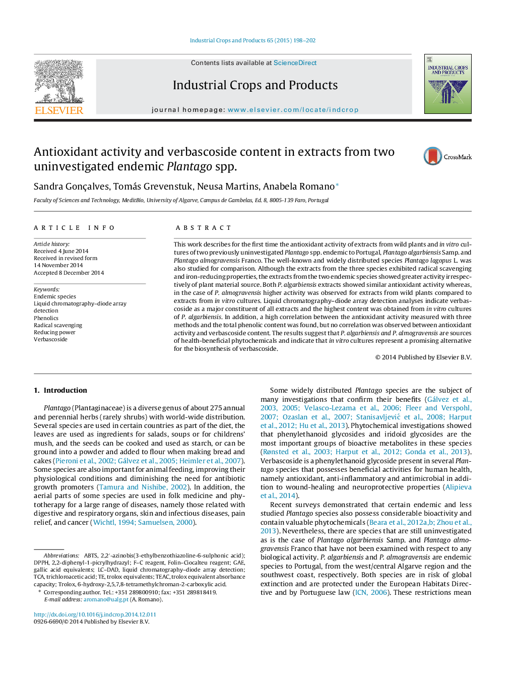 Antioxidant activity and verbascoside content in extracts from two uninvestigated endemic Plantago spp