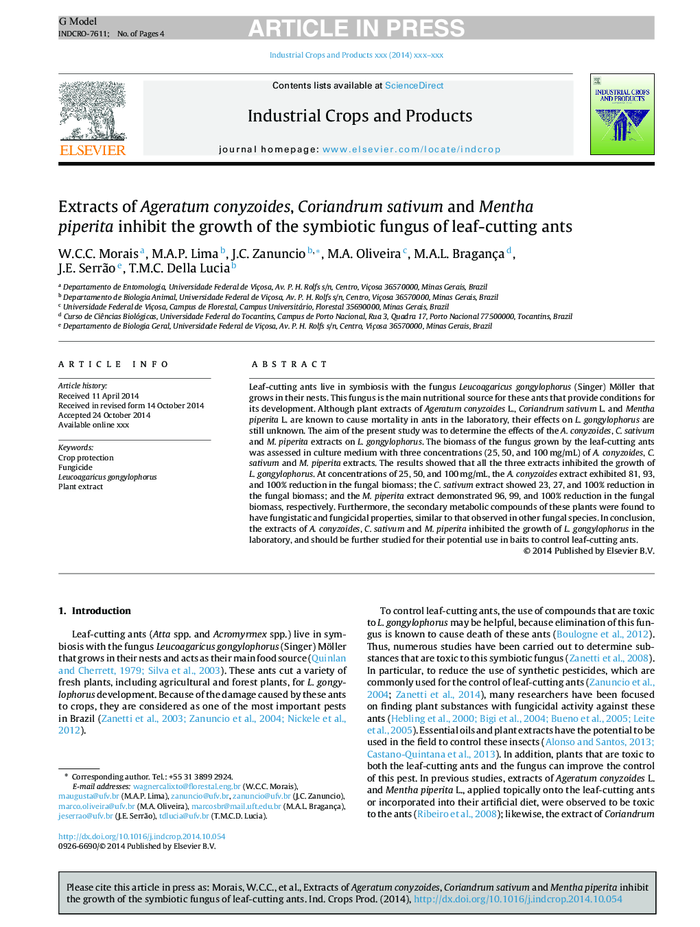 Extracts of Ageratum conyzoides, Coriandrum sativum and Mentha piperita inhibit the growth of the symbiotic fungus of leaf-cutting ants