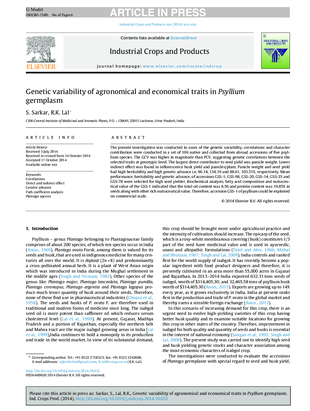 Genetic variability of agronomical and economical traits in Psyllium germplasm