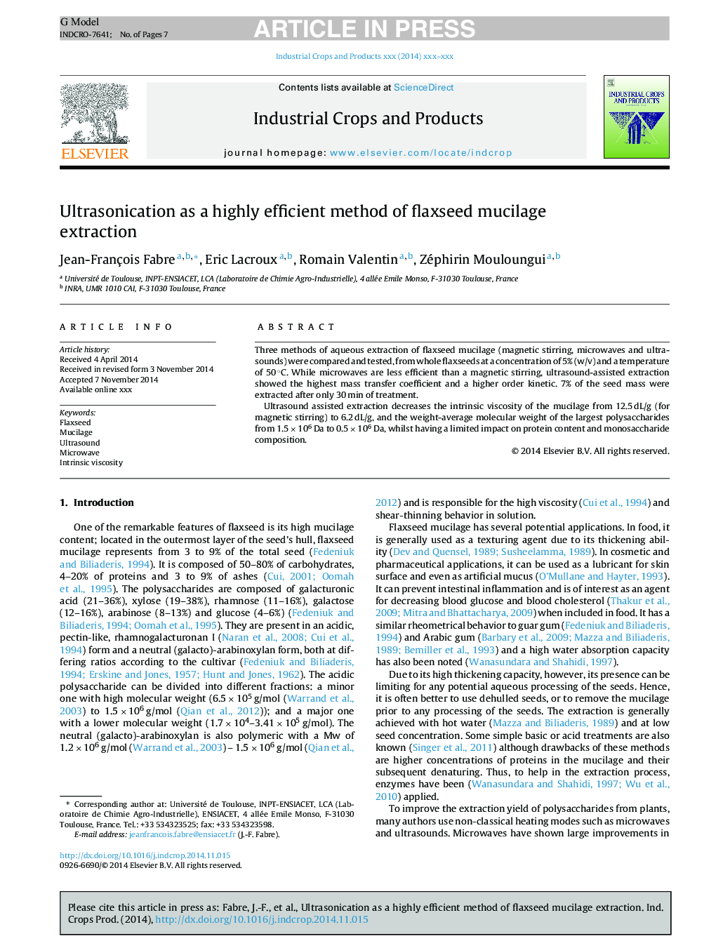 Ultrasonication as a highly efficient method of flaxseed mucilage extraction