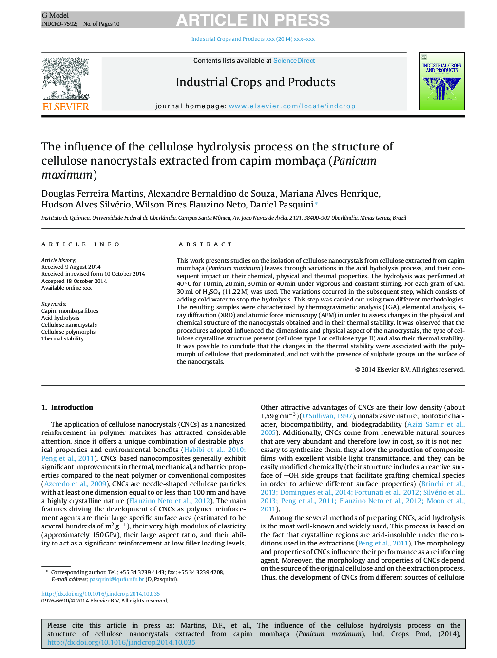 The influence of the cellulose hydrolysis process on the structure of cellulose nanocrystals extracted from capim mombaça (Panicum maximum)