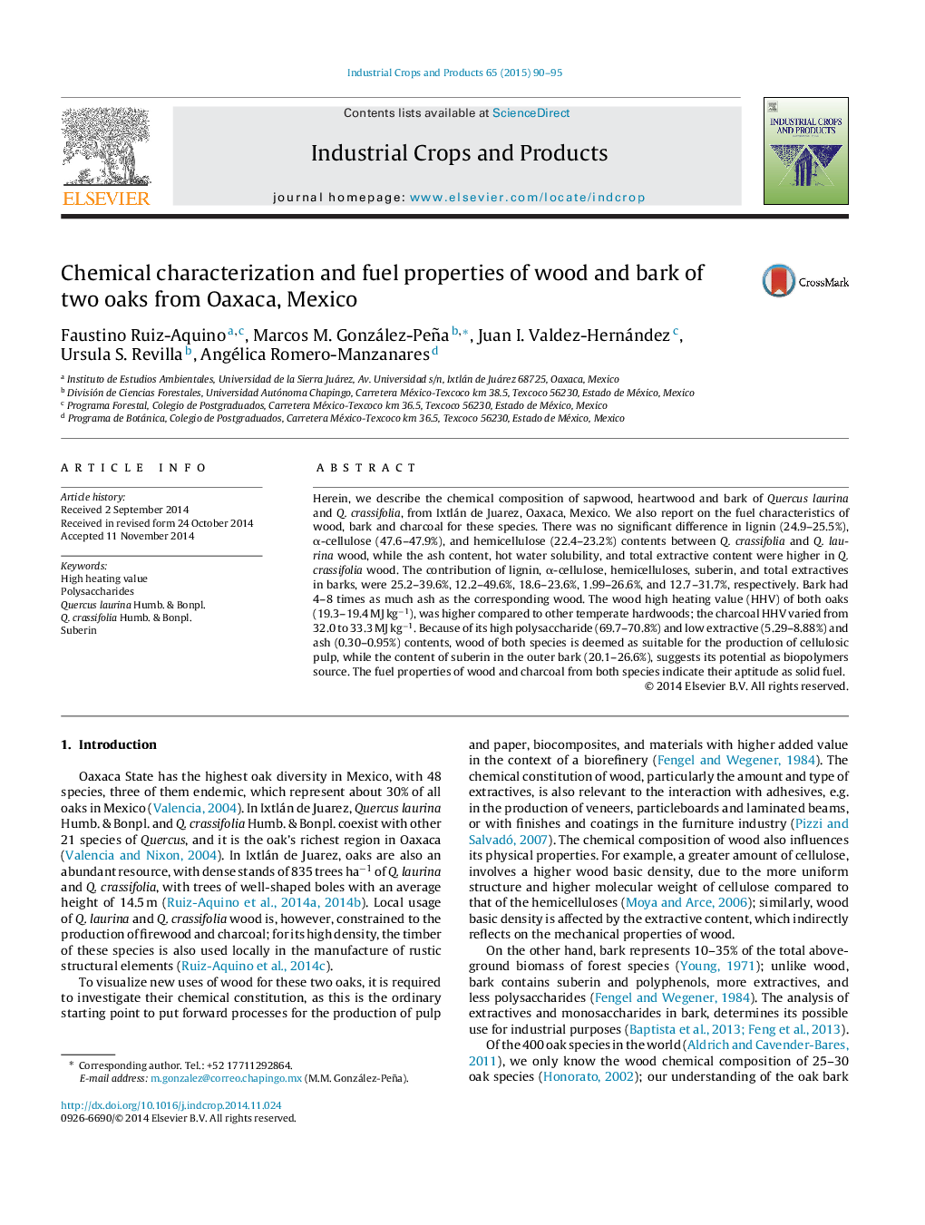 Chemical characterization and fuel properties of wood and bark of two oaks from Oaxaca, Mexico