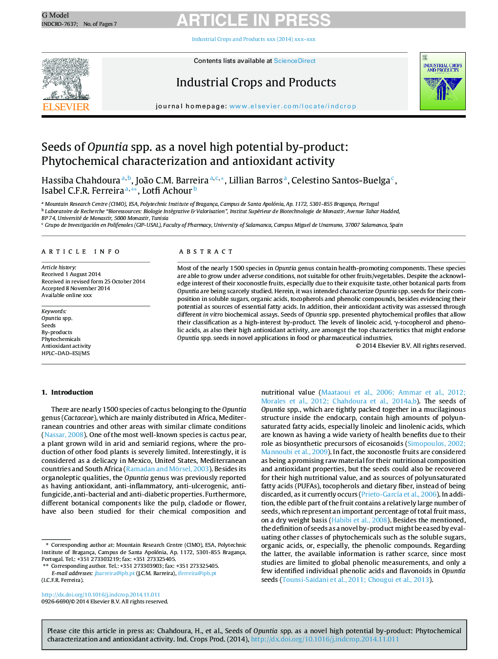 Seeds of Opuntia spp. as a novel high potential by-product: Phytochemical characterization and antioxidant activity