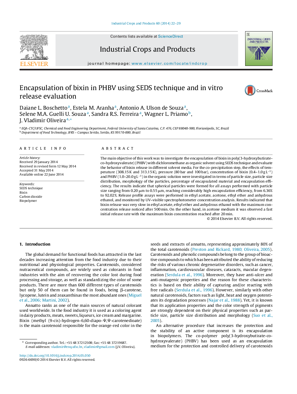 Encapsulation of bixin in PHBV using SEDS technique and in vitro release evaluation