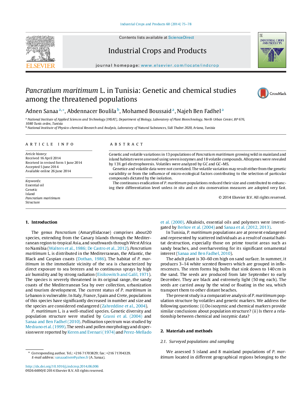 Pancratium maritimum L. in Tunisia: Genetic and chemical studies among the threatened populations